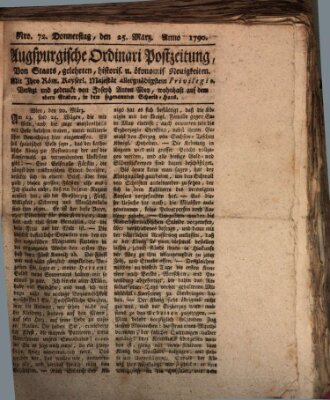 Augsburgische Ordinari Postzeitung von Staats-, gelehrten, historisch- u. ökonomischen Neuigkeiten (Augsburger Postzeitung) Donnerstag 25. März 1790