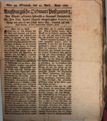 Augsburgische Ordinari Postzeitung von Staats-, gelehrten, historisch- u. ökonomischen Neuigkeiten (Augsburger Postzeitung) Mittwoch 21. April 1790