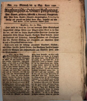 Augsburgische Ordinari Postzeitung von Staats-, gelehrten, historisch- u. ökonomischen Neuigkeiten (Augsburger Postzeitung) Mittwoch 19. Mai 1790