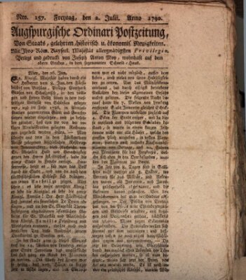 Augsburgische Ordinari Postzeitung von Staats-, gelehrten, historisch- u. ökonomischen Neuigkeiten (Augsburger Postzeitung) Freitag 2. Juli 1790