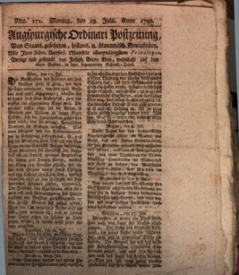 Augsburgische Ordinari Postzeitung von Staats-, gelehrten, historisch- u. ökonomischen Neuigkeiten (Augsburger Postzeitung) Montag 19. Juli 1790