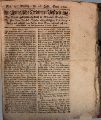 Augsburgische Ordinari Postzeitung von Staats-, gelehrten, historisch- u. ökonomischen Neuigkeiten (Augsburger Postzeitung) Montag 26. Juli 1790