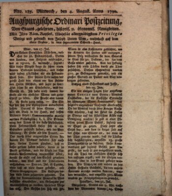 Augsburgische Ordinari Postzeitung von Staats-, gelehrten, historisch- u. ökonomischen Neuigkeiten (Augsburger Postzeitung) Mittwoch 4. August 1790