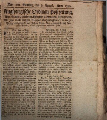 Augsburgische Ordinari Postzeitung von Staats-, gelehrten, historisch- u. ökonomischen Neuigkeiten (Augsburger Postzeitung) Samstag 7. August 1790