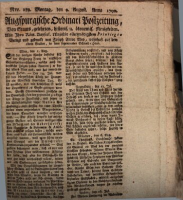 Augsburgische Ordinari Postzeitung von Staats-, gelehrten, historisch- u. ökonomischen Neuigkeiten (Augsburger Postzeitung) Montag 9. August 1790