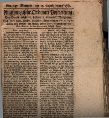 Augsburgische Ordinari Postzeitung von Staats-, gelehrten, historisch- u. ökonomischen Neuigkeiten (Augsburger Postzeitung) Mittwoch 18. August 1790