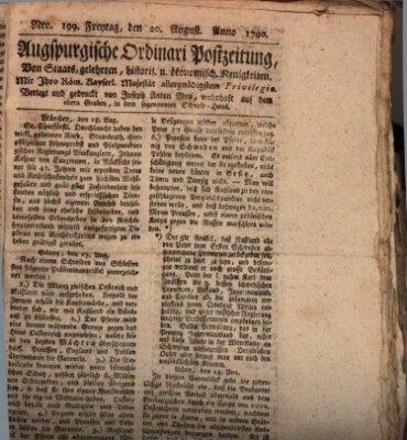 Augsburgische Ordinari Postzeitung von Staats-, gelehrten, historisch- u. ökonomischen Neuigkeiten (Augsburger Postzeitung) Freitag 20. August 1790