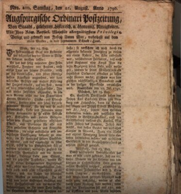 Augsburgische Ordinari Postzeitung von Staats-, gelehrten, historisch- u. ökonomischen Neuigkeiten (Augsburger Postzeitung) Samstag 21. August 1790