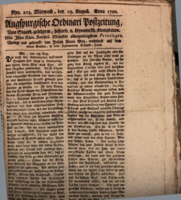 Augsburgische Ordinari Postzeitung von Staats-, gelehrten, historisch- u. ökonomischen Neuigkeiten (Augsburger Postzeitung) Mittwoch 25. August 1790