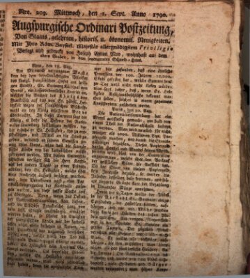 Augsburgische Ordinari Postzeitung von Staats-, gelehrten, historisch- u. ökonomischen Neuigkeiten (Augsburger Postzeitung) Mittwoch 1. September 1790