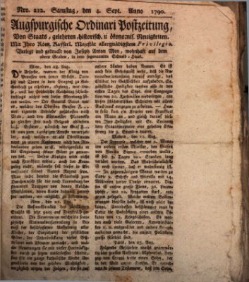 Augsburgische Ordinari Postzeitung von Staats-, gelehrten, historisch- u. ökonomischen Neuigkeiten (Augsburger Postzeitung) Samstag 4. September 1790