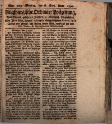 Augsburgische Ordinari Postzeitung von Staats-, gelehrten, historisch- u. ökonomischen Neuigkeiten (Augsburger Postzeitung) Montag 6. September 1790