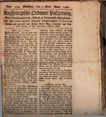 Augsburgische Ordinari Postzeitung von Staats-, gelehrten, historisch- u. ökonomischen Neuigkeiten (Augsburger Postzeitung) Dienstag 7. September 1790