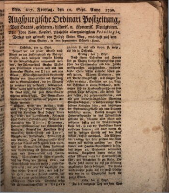 Augsburgische Ordinari Postzeitung von Staats-, gelehrten, historisch- u. ökonomischen Neuigkeiten (Augsburger Postzeitung) Freitag 10. September 1790