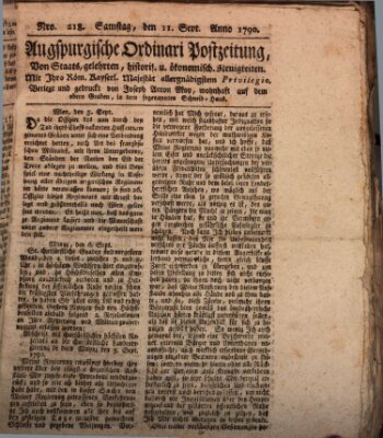 Augsburgische Ordinari Postzeitung von Staats-, gelehrten, historisch- u. ökonomischen Neuigkeiten (Augsburger Postzeitung) Samstag 11. September 1790