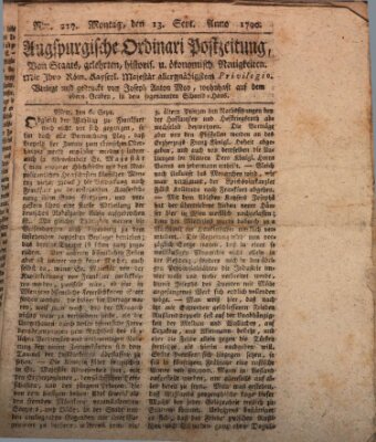 Augsburgische Ordinari Postzeitung von Staats-, gelehrten, historisch- u. ökonomischen Neuigkeiten (Augsburger Postzeitung) Montag 13. September 1790