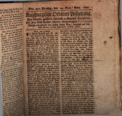 Augsburgische Ordinari Postzeitung von Staats-, gelehrten, historisch- u. ökonomischen Neuigkeiten (Augsburger Postzeitung) Dienstag 14. September 1790