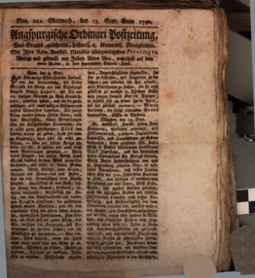 Augsburgische Ordinari Postzeitung von Staats-, gelehrten, historisch- u. ökonomischen Neuigkeiten (Augsburger Postzeitung) Mittwoch 15. September 1790