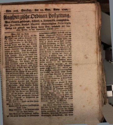 Augsburgische Ordinari Postzeitung von Staats-, gelehrten, historisch- u. ökonomischen Neuigkeiten (Augsburger Postzeitung) Dienstag 21. September 1790