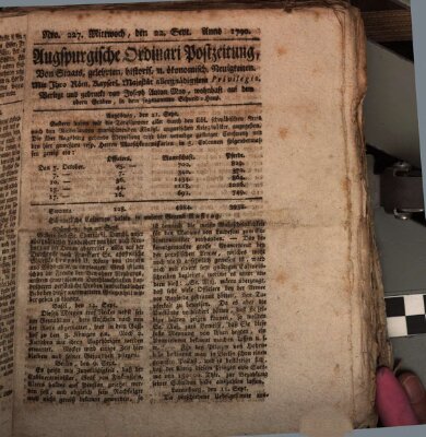 Augsburgische Ordinari Postzeitung von Staats-, gelehrten, historisch- u. ökonomischen Neuigkeiten (Augsburger Postzeitung) Mittwoch 22. September 1790