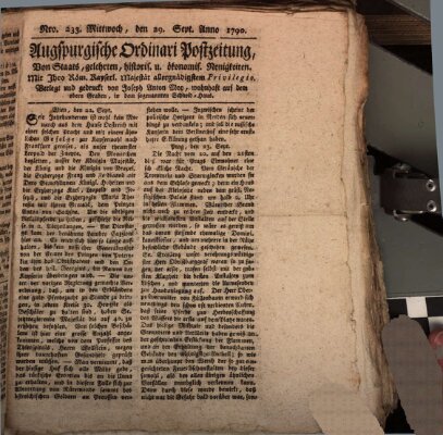 Augsburgische Ordinari Postzeitung von Staats-, gelehrten, historisch- u. ökonomischen Neuigkeiten (Augsburger Postzeitung) Mittwoch 29. September 1790