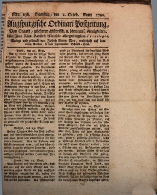 Augsburgische Ordinari Postzeitung von Staats-, gelehrten, historisch- u. ökonomischen Neuigkeiten (Augsburger Postzeitung) Samstag 2. Oktober 1790