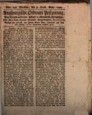 Augsburgische Ordinari Postzeitung von Staats-, gelehrten, historisch- u. ökonomischen Neuigkeiten (Augsburger Postzeitung) Dienstag 5. Oktober 1790