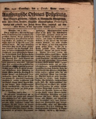 Augsburgische Ordinari Postzeitung von Staats-, gelehrten, historisch- u. ökonomischen Neuigkeiten (Augsburger Postzeitung) Samstag 9. Oktober 1790