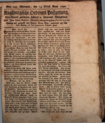 Augsburgische Ordinari Postzeitung von Staats-, gelehrten, historisch- u. ökonomischen Neuigkeiten (Augsburger Postzeitung) Mittwoch 13. Oktober 1790