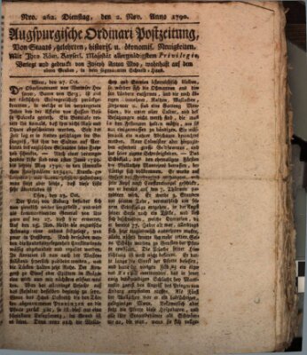 Augsburgische Ordinari Postzeitung von Staats-, gelehrten, historisch- u. ökonomischen Neuigkeiten (Augsburger Postzeitung) Dienstag 2. November 1790