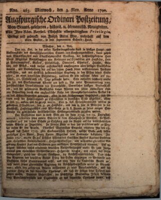 Augsburgische Ordinari Postzeitung von Staats-, gelehrten, historisch- u. ökonomischen Neuigkeiten (Augsburger Postzeitung) Mittwoch 3. November 1790