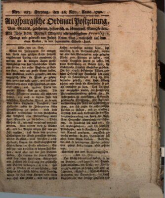 Augsburgische Ordinari Postzeitung von Staats-, gelehrten, historisch- u. ökonomischen Neuigkeiten (Augsburger Postzeitung) Freitag 26. November 1790