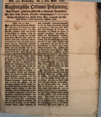 Augsburgische Ordinari Postzeitung von Staats-, gelehrten, historisch- u. ökonomischen Neuigkeiten (Augsburger Postzeitung) Donnerstag 2. Dezember 1790