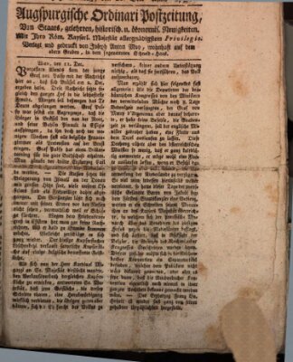 Augsburgische Ordinari Postzeitung von Staats-, gelehrten, historisch- u. ökonomischen Neuigkeiten (Augsburger Postzeitung) Montag 20. Dezember 1790