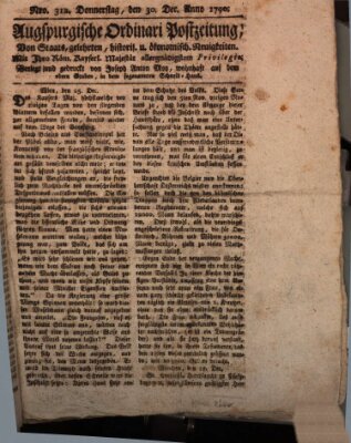 Augsburgische Ordinari Postzeitung von Staats-, gelehrten, historisch- u. ökonomischen Neuigkeiten (Augsburger Postzeitung) Donnerstag 30. Dezember 1790