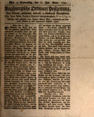 Augsburgische Ordinari Postzeitung von Staats-, gelehrten, historisch- u. ökonomischen Neuigkeiten (Augsburger Postzeitung) Donnerstag 6. Januar 1791