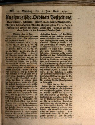 Augsburgische Ordinari Postzeitung von Staats-, gelehrten, historisch- u. ökonomischen Neuigkeiten (Augsburger Postzeitung) Samstag 8. Januar 1791