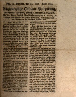 Augsburgische Ordinari Postzeitung von Staats-, gelehrten, historisch- u. ökonomischen Neuigkeiten (Augsburger Postzeitung) Samstag 15. Januar 1791