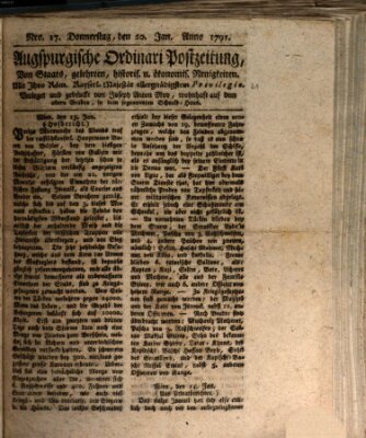 Augsburgische Ordinari Postzeitung von Staats-, gelehrten, historisch- u. ökonomischen Neuigkeiten (Augsburger Postzeitung) Donnerstag 20. Januar 1791