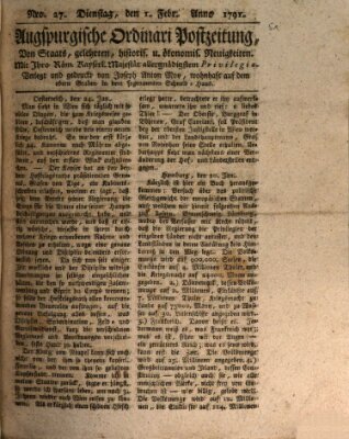 Augsburgische Ordinari Postzeitung von Staats-, gelehrten, historisch- u. ökonomischen Neuigkeiten (Augsburger Postzeitung) Dienstag 1. Februar 1791