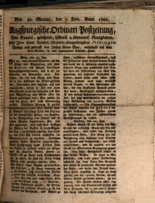 Augsburgische Ordinari Postzeitung von Staats-, gelehrten, historisch- u. ökonomischen Neuigkeiten (Augsburger Postzeitung) Montag 7. Februar 1791