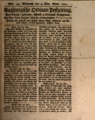 Augsburgische Ordinari Postzeitung von Staats-, gelehrten, historisch- u. ökonomischen Neuigkeiten (Augsburger Postzeitung) Mittwoch 9. Februar 1791