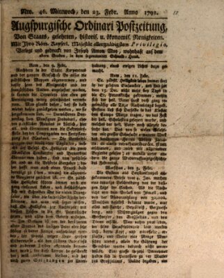 Augsburgische Ordinari Postzeitung von Staats-, gelehrten, historisch- u. ökonomischen Neuigkeiten (Augsburger Postzeitung) Mittwoch 23. Februar 1791