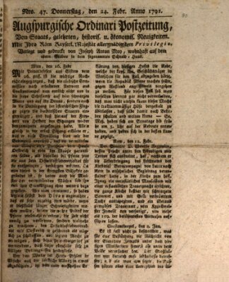 Augsburgische Ordinari Postzeitung von Staats-, gelehrten, historisch- u. ökonomischen Neuigkeiten (Augsburger Postzeitung) Donnerstag 24. Februar 1791