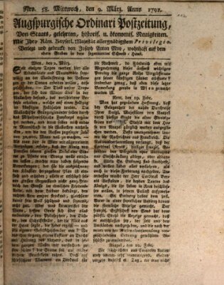 Augsburgische Ordinari Postzeitung von Staats-, gelehrten, historisch- u. ökonomischen Neuigkeiten (Augsburger Postzeitung) Mittwoch 9. März 1791