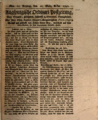 Augsburgische Ordinari Postzeitung von Staats-, gelehrten, historisch- u. ökonomischen Neuigkeiten (Augsburger Postzeitung) Freitag 11. März 1791