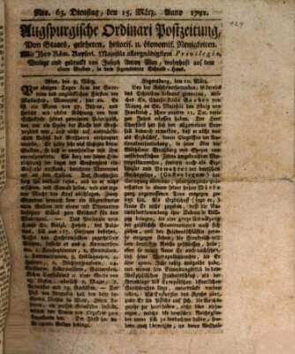 Augsburgische Ordinari Postzeitung von Staats-, gelehrten, historisch- u. ökonomischen Neuigkeiten (Augsburger Postzeitung) Dienstag 15. März 1791