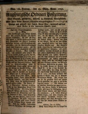 Augsburgische Ordinari Postzeitung von Staats-, gelehrten, historisch- u. ökonomischen Neuigkeiten (Augsburger Postzeitung) Freitag 18. März 1791