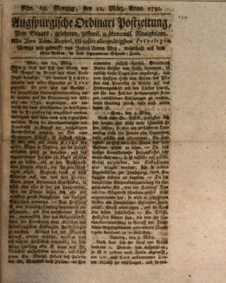 Augsburgische Ordinari Postzeitung von Staats-, gelehrten, historisch- u. ökonomischen Neuigkeiten (Augsburger Postzeitung) Montag 21. März 1791