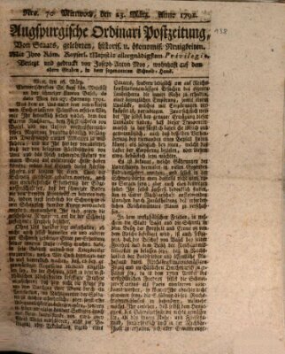 Augsburgische Ordinari Postzeitung von Staats-, gelehrten, historisch- u. ökonomischen Neuigkeiten (Augsburger Postzeitung) Mittwoch 23. März 1791